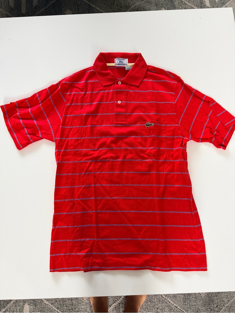 Lacoste Red Polo with Thin Blue Stripes men’s medium
